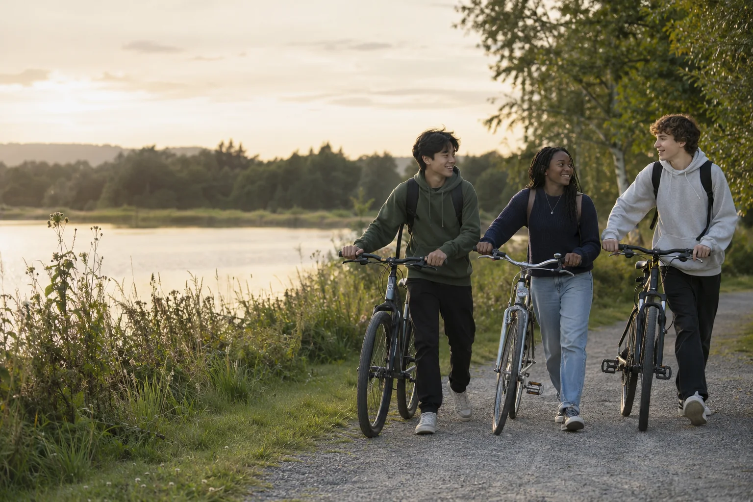 Teenage friends walking their bicycles together beside a lake