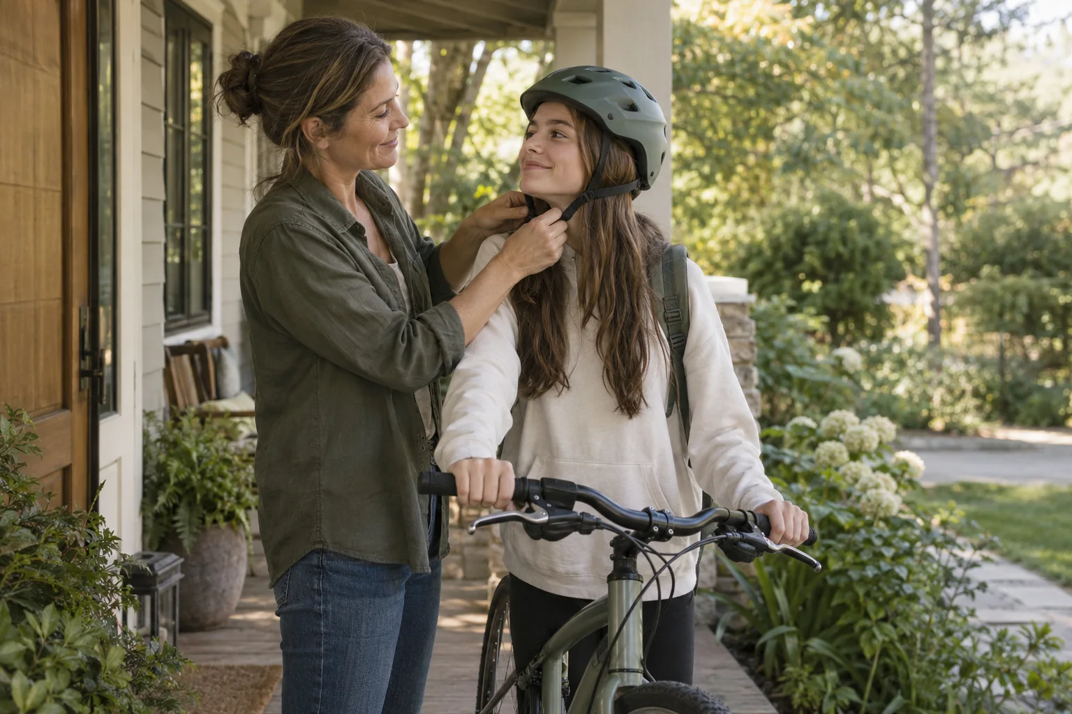 A mother helping her teenage daughter with her bicycle helmet before a ride