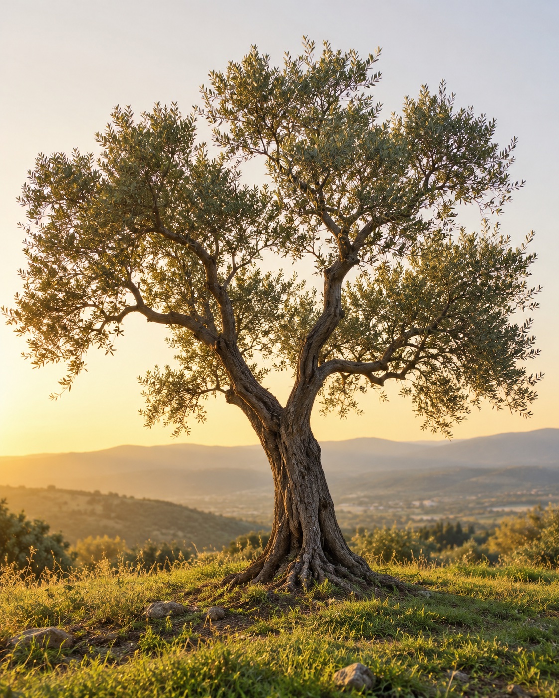 A sunlit tree with spreading branches
