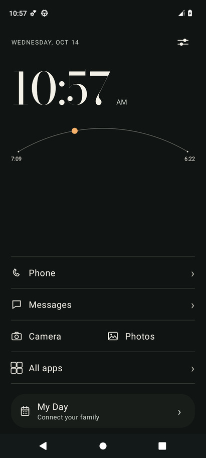 Illustrative Rooted teen phone showing My Day, sample plans and everyday essentials